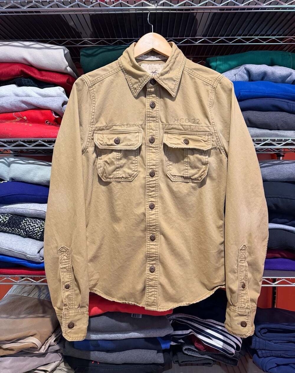 Hollister CO Long Sleeve Utility Work Shirt Shacket Khaki Men Medium